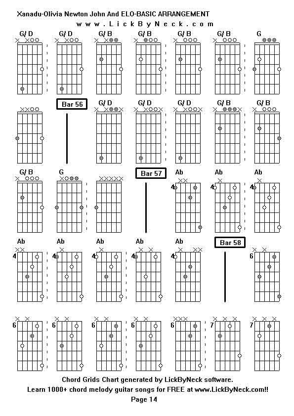 Chord Grids Chart of chord melody fingerstyle guitar song-Xanadu-Olivia Newton John And ELO-BASIC ARRANGEMENT,generated by LickByNeck software.